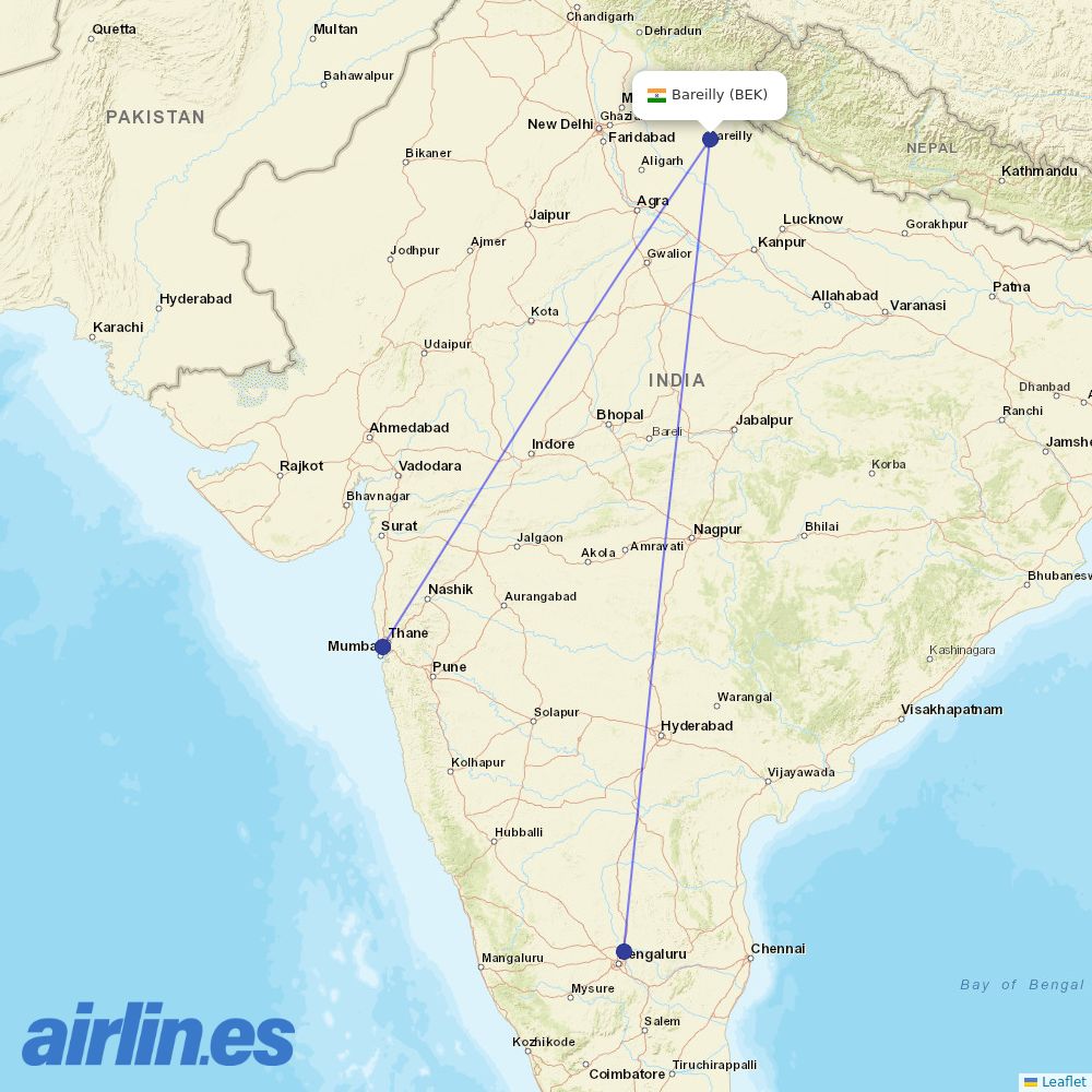 IndiGo from Bareilly Airport destination map