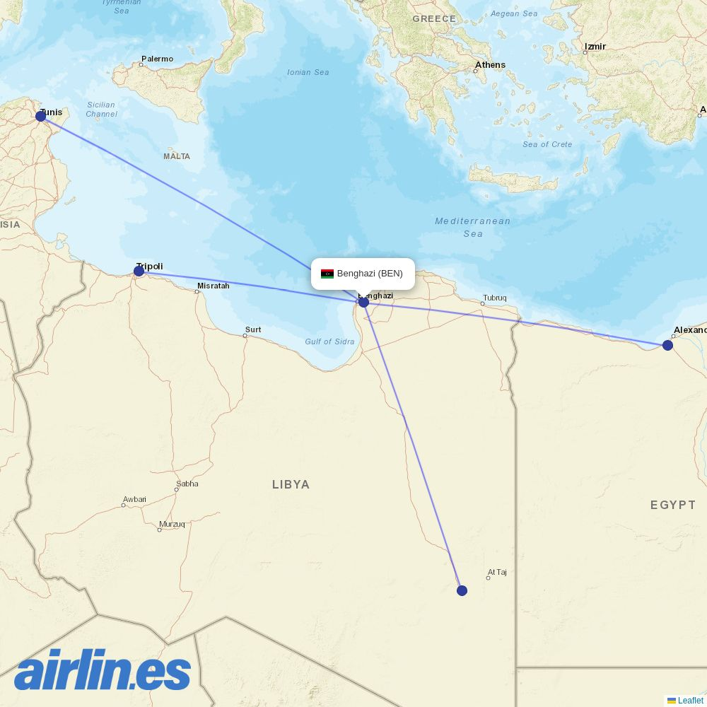 Buraq Air from Benina destination map