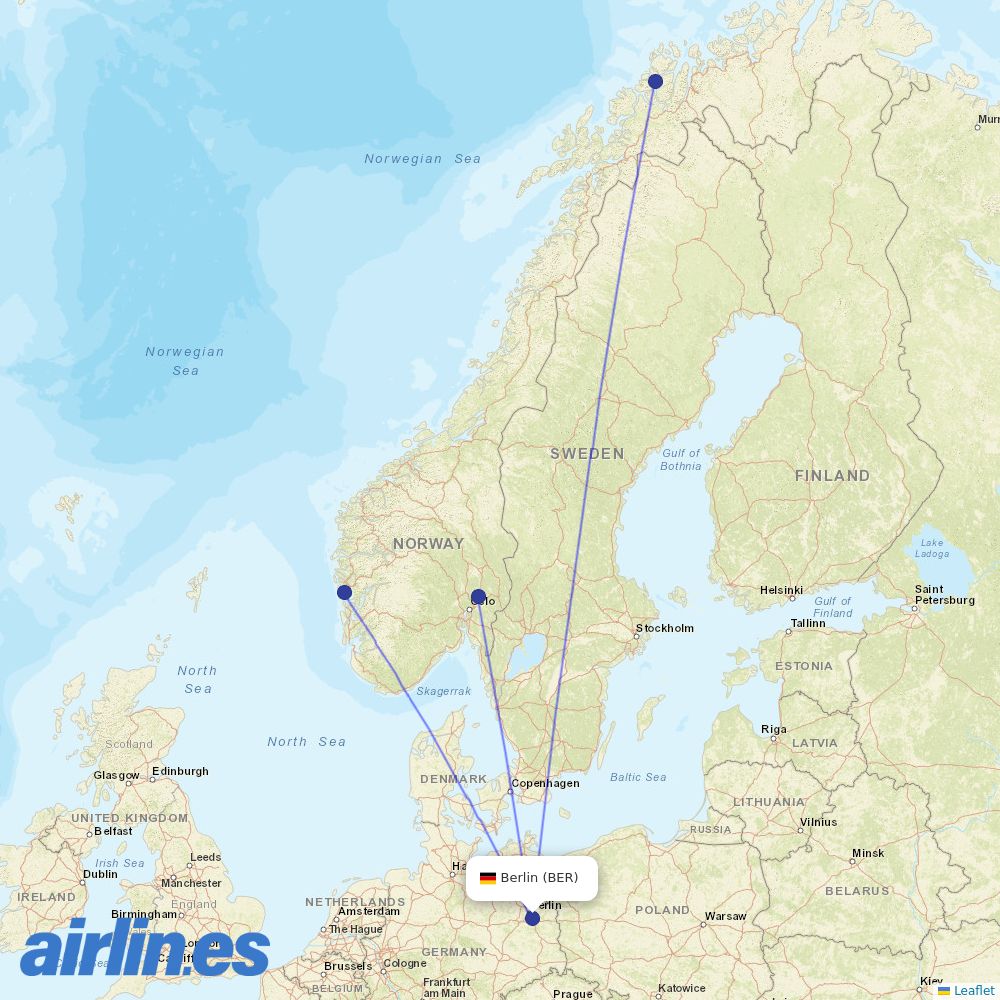 Norwegian Air Shuttle from Berlin Brandenburg Airport destination map