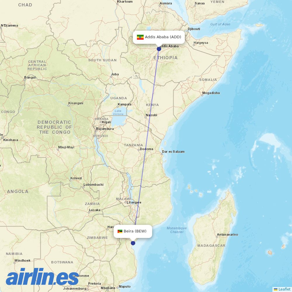 Ethiopian Airlines from Beira destination map