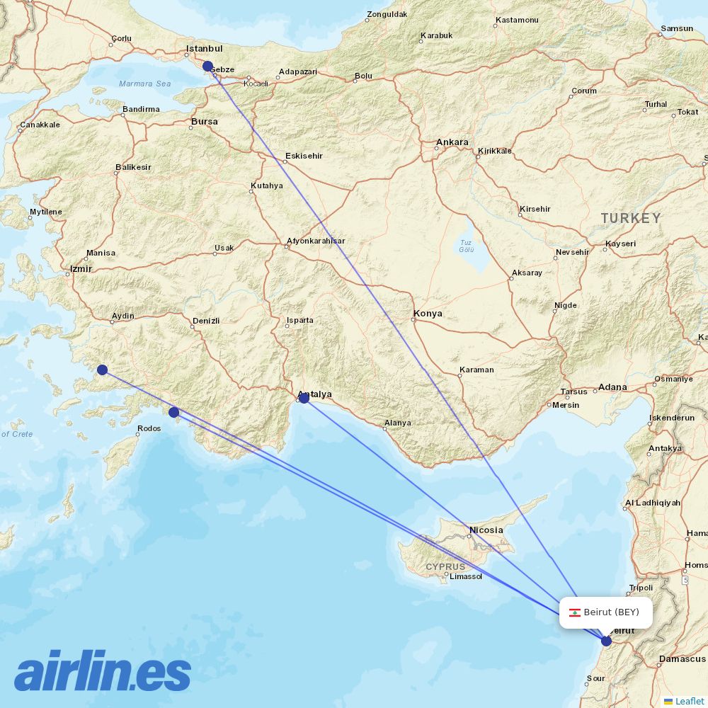 Pegasus from Beirut International Airport destination map