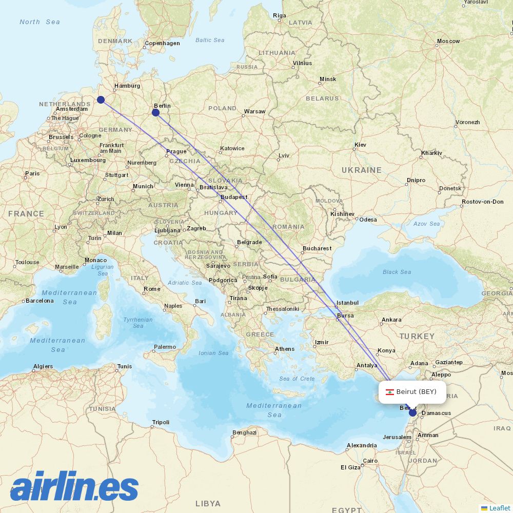 Sundair from Beirut International Airport destination map