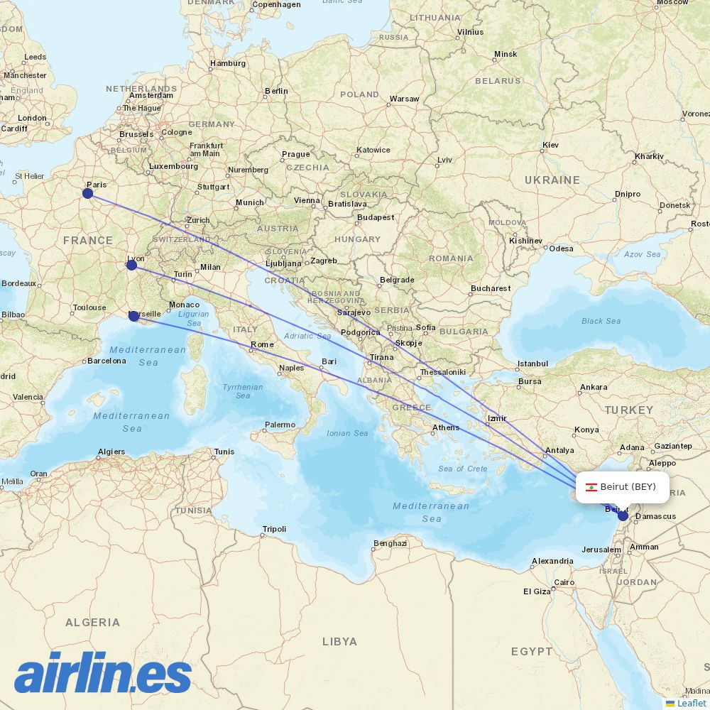 Transavia France from Beirut International Airport destination map