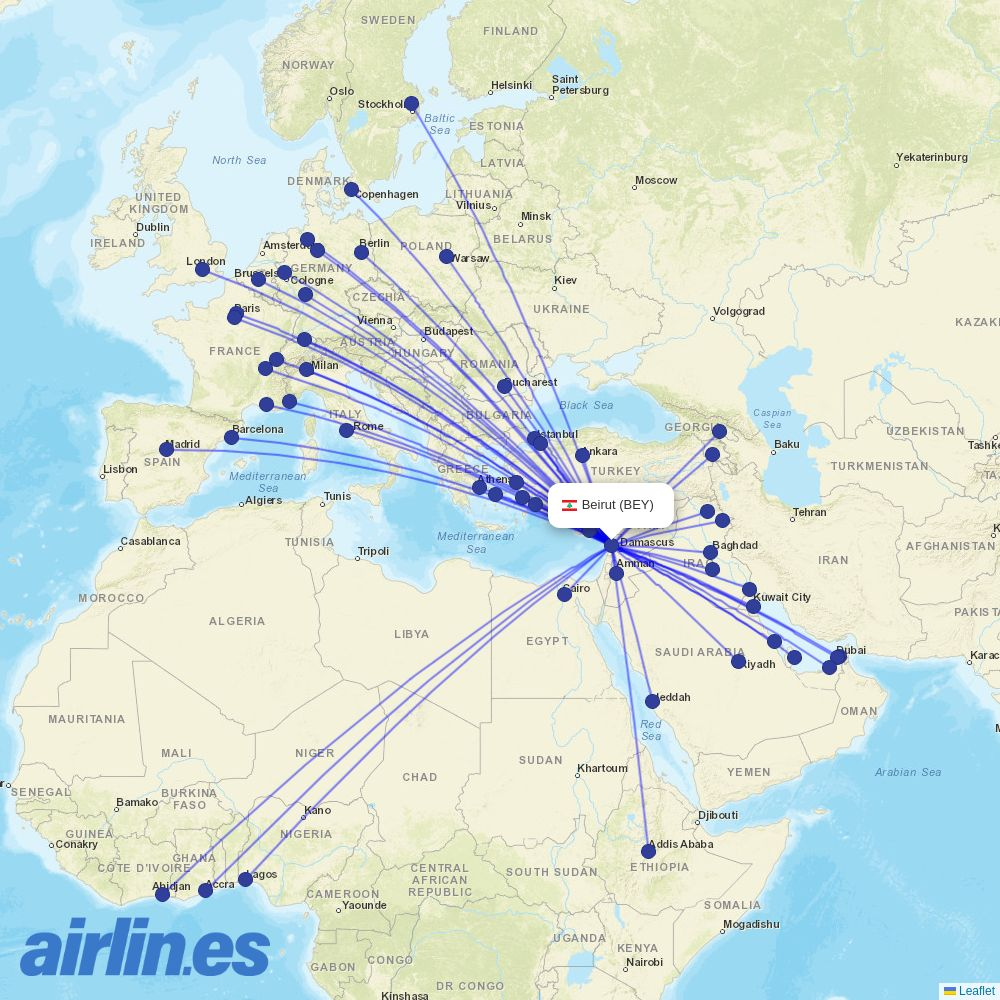 UR Airlines at BEY route map