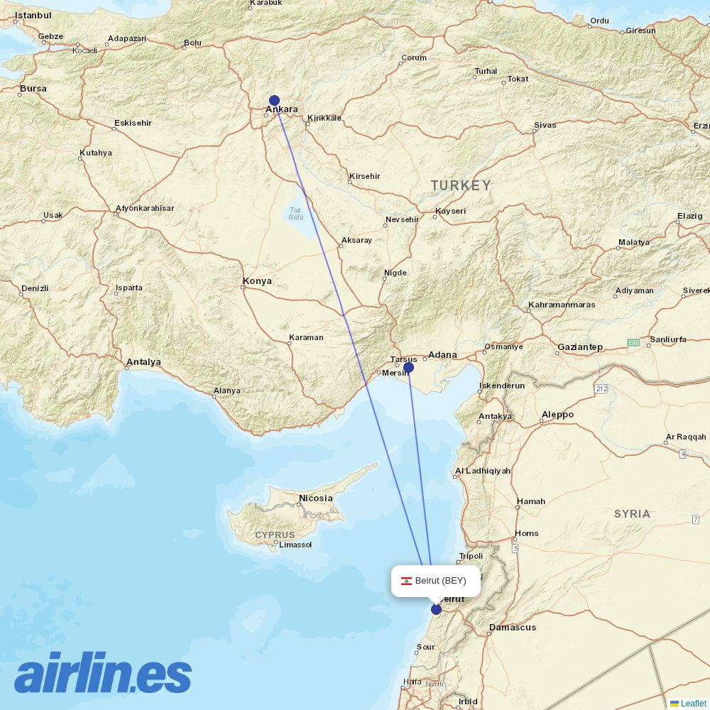 AJet from Beirut International Airport destination map