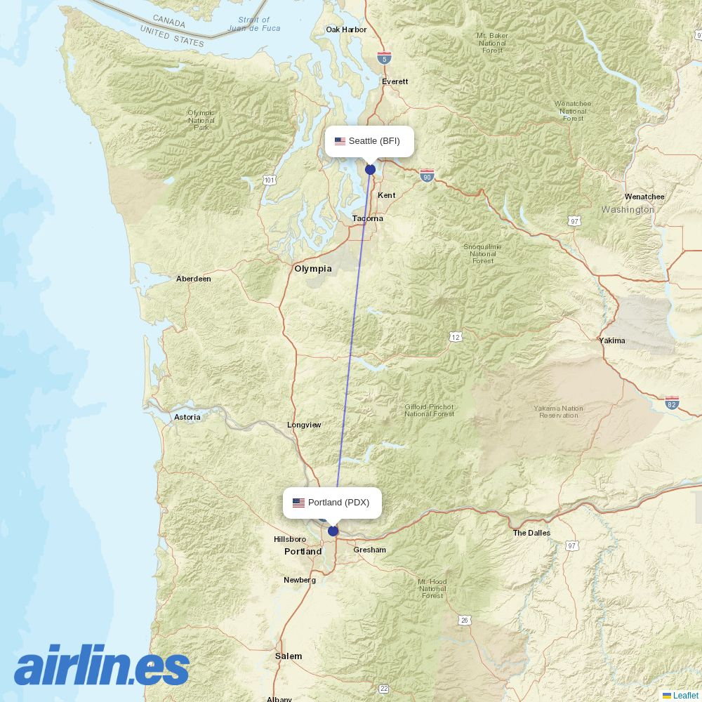 Air Excursions from Boeing Fld King Co International destination map
