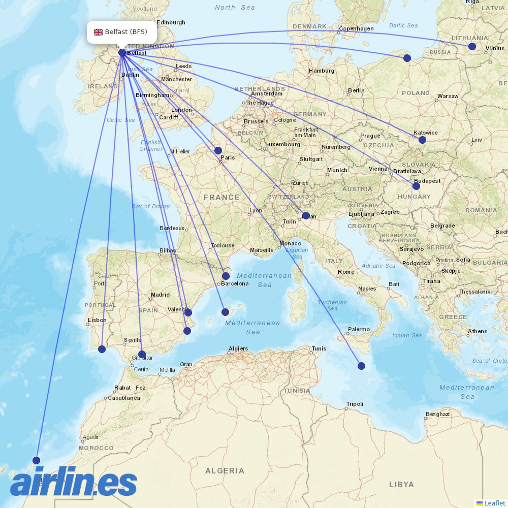 Ryanair from Aldergrove Airport destination map