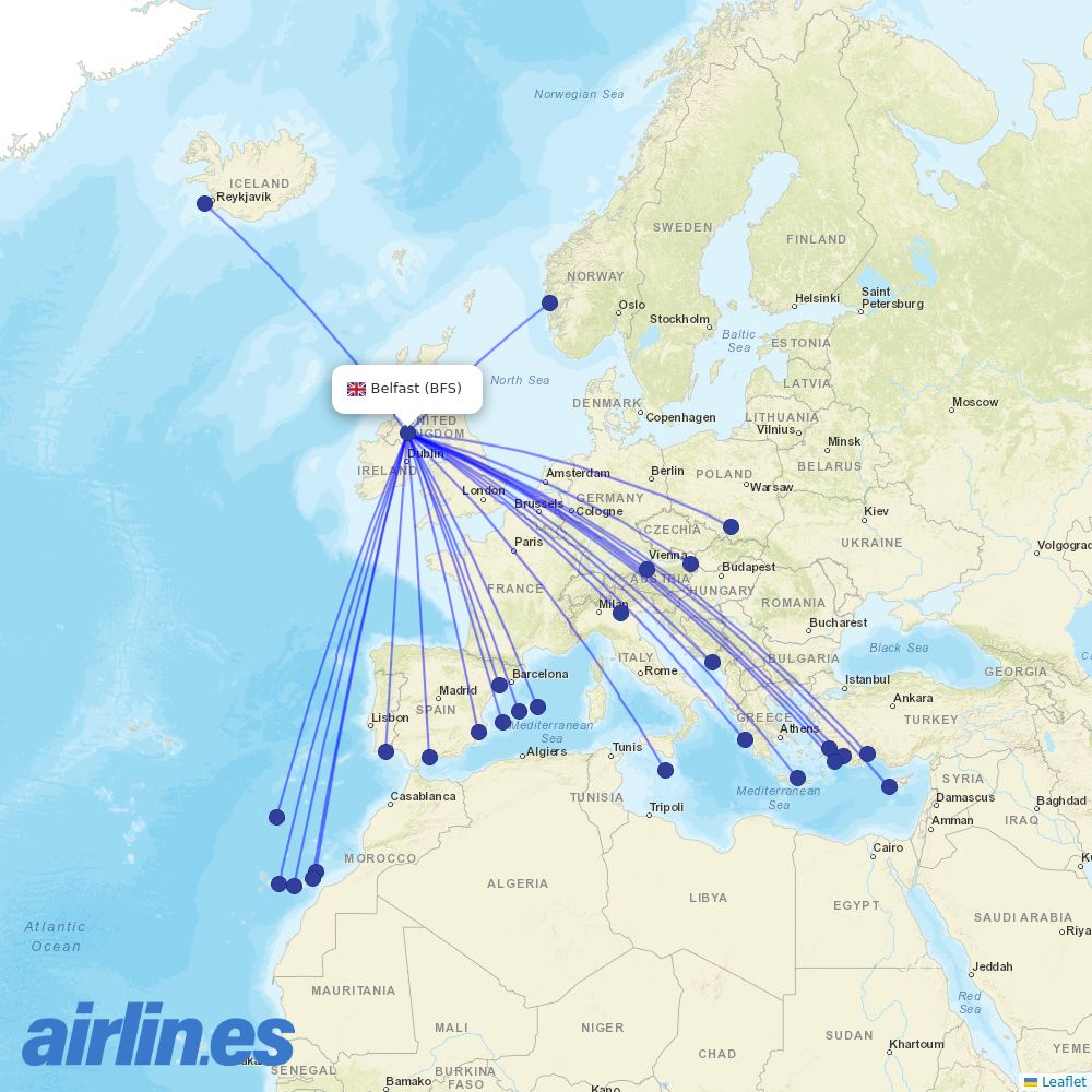 Jet2 from Aldergrove Airport destination map