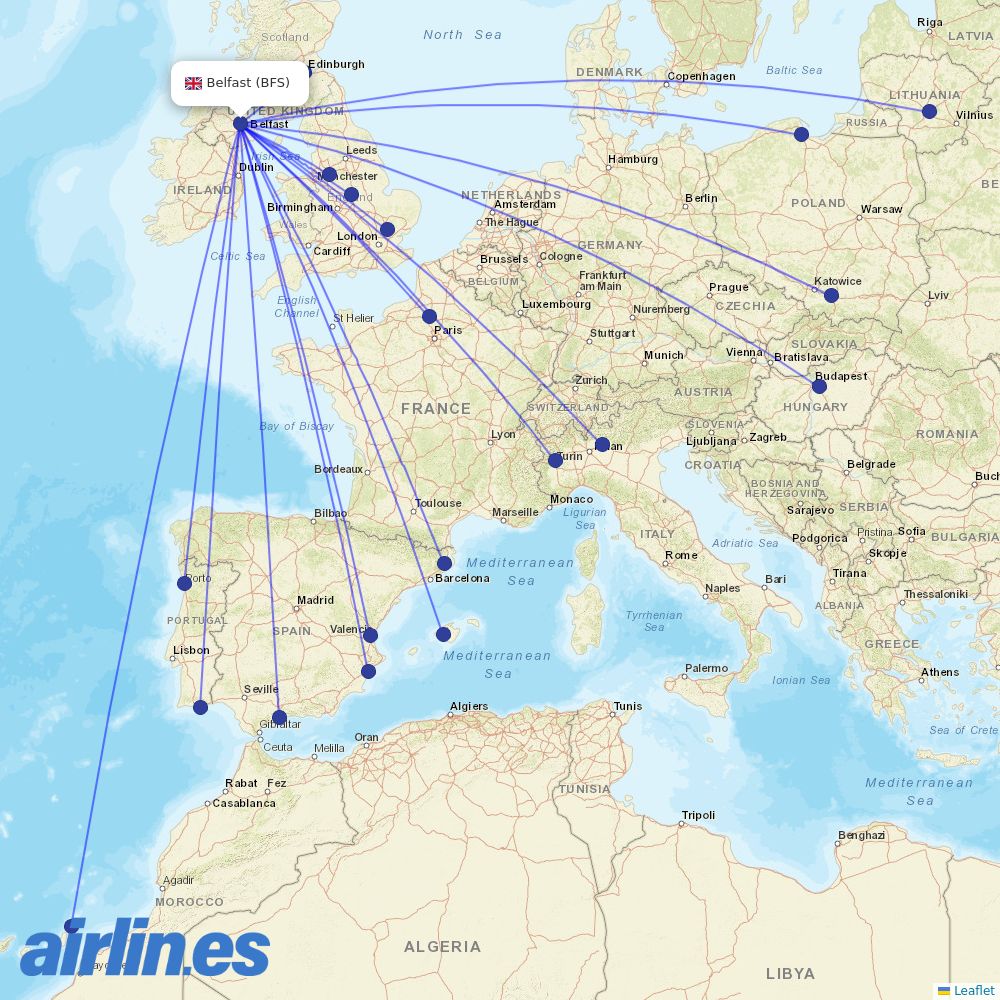 Ryanair UK from Aldergrove Airport destination map