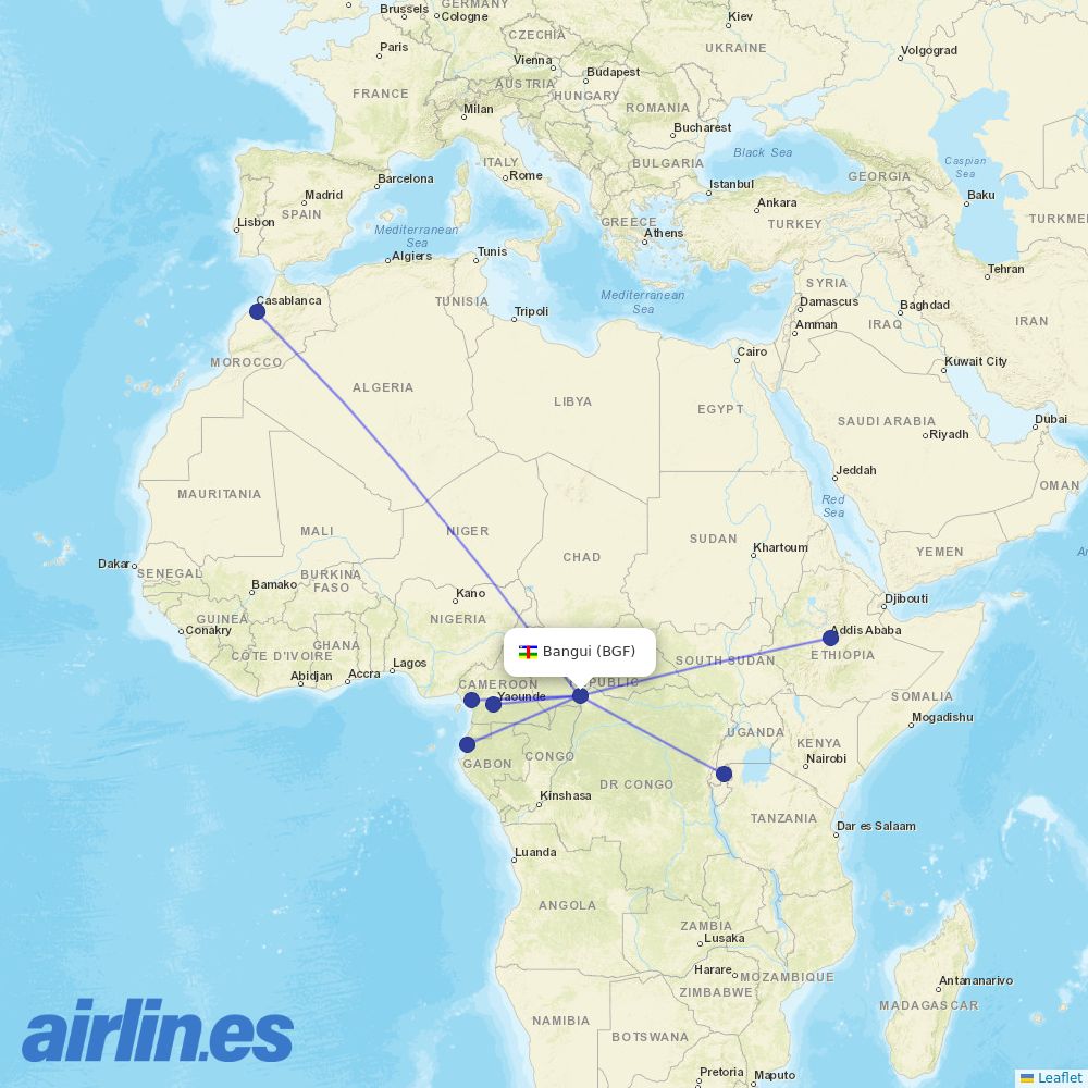 Royal Air Maroc from Bangui M Poko destination map