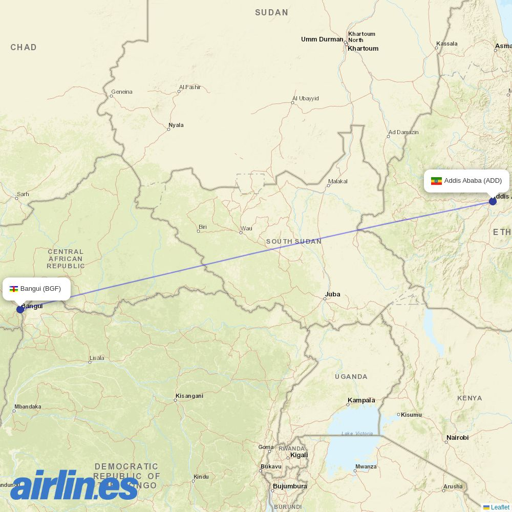 Ethiopian Airlines from Bangui M Poko destination map