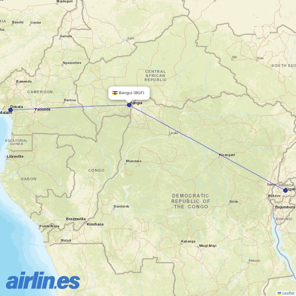 RwandAir from Bangui M Poko destination map
