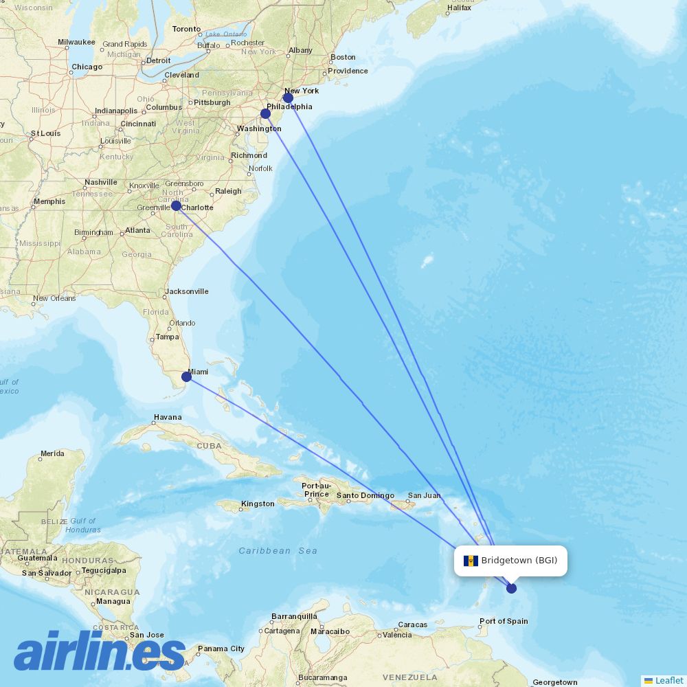 American Airlines from Grantley Adams International destination map