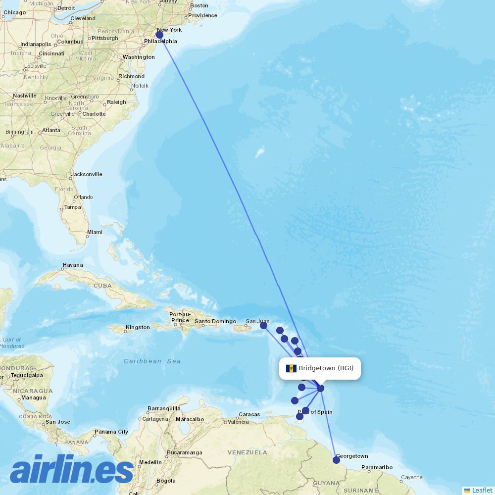 Caribbean Airlines at BGI route map