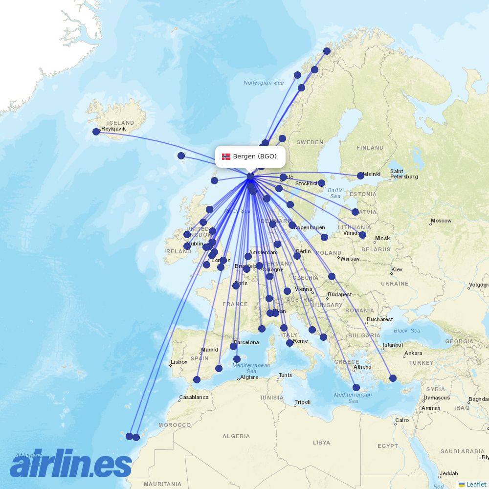 Norwegian Air Shuttle from Bergen Airport destination map