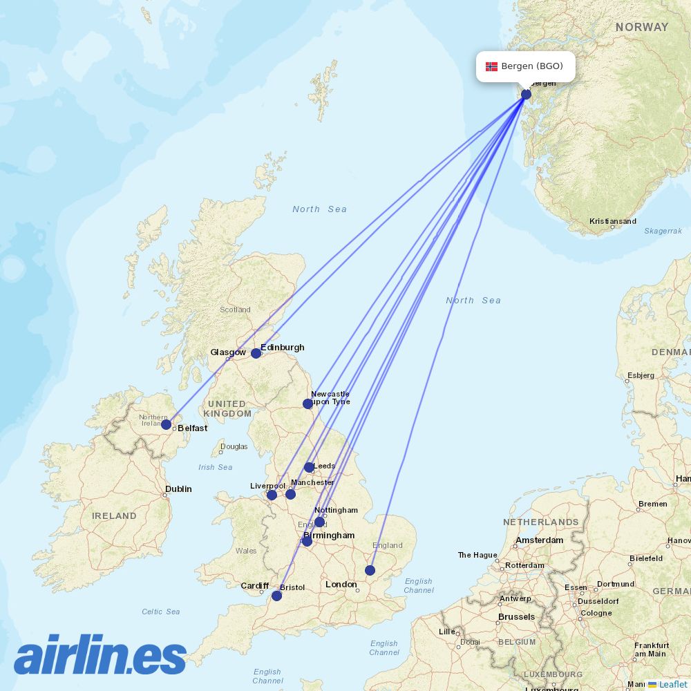 Jet2 from Bergen Airport destination map