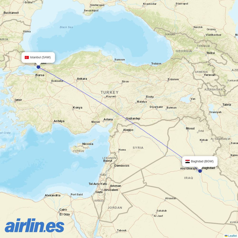 AJet from Baghdad International Airport destination map