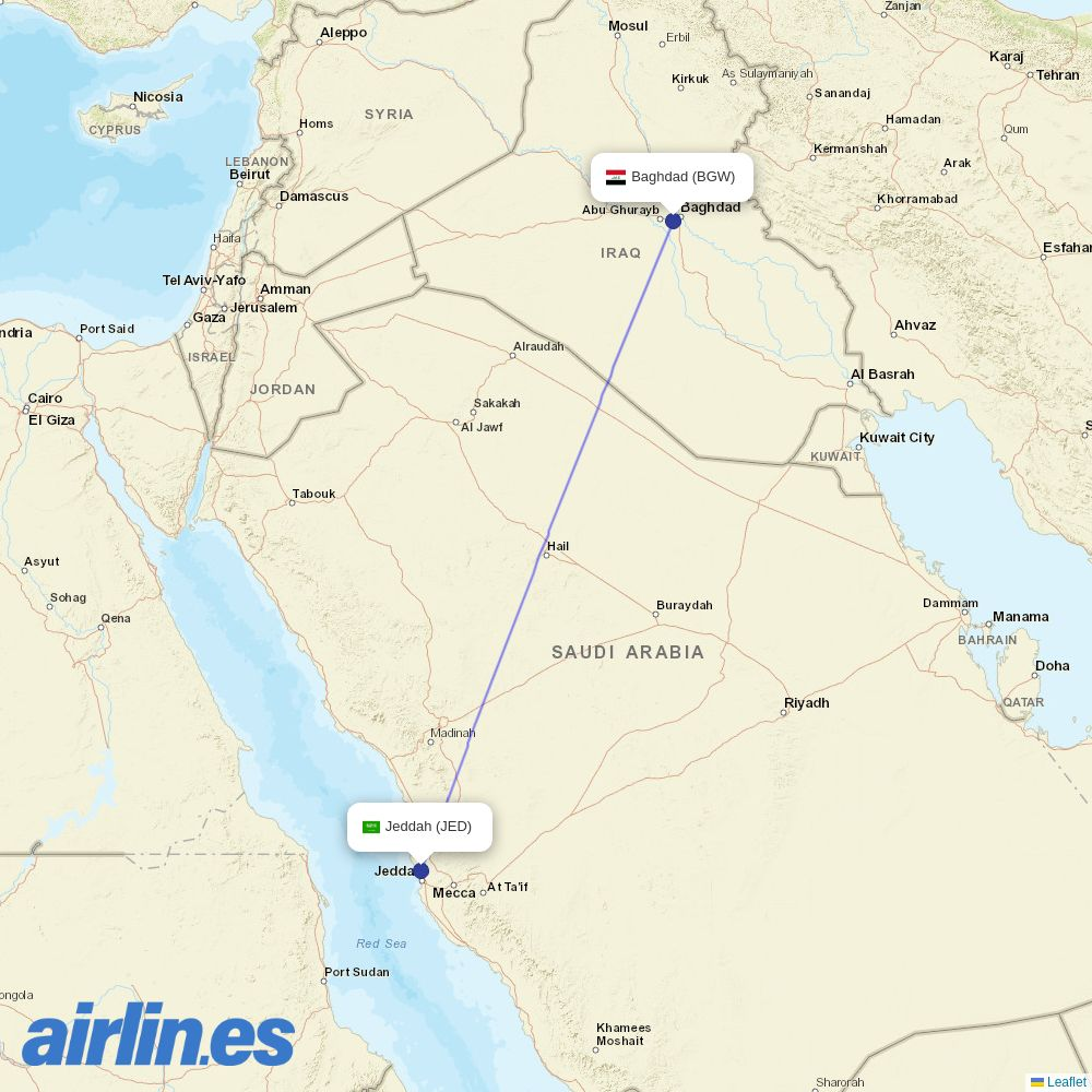 Flynas from Baghdad International Airport destination map