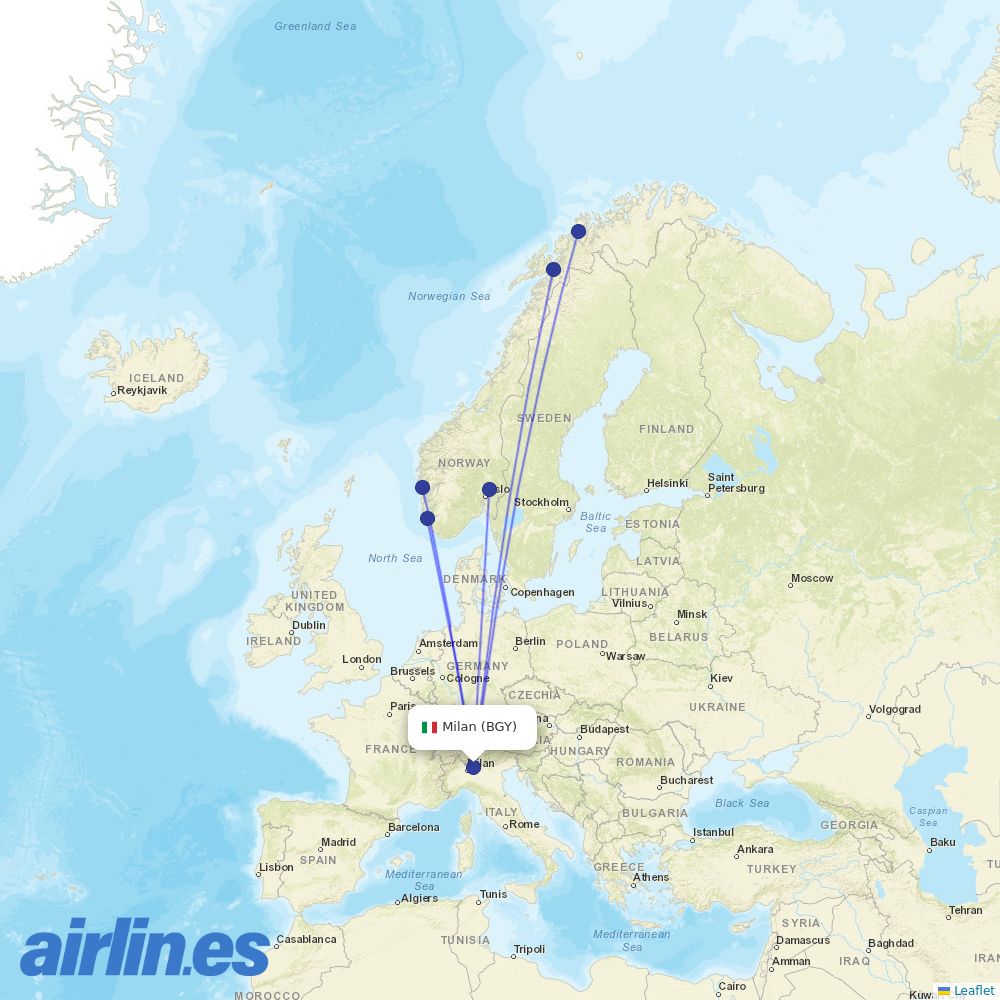 Norwegian Air Shuttle from Orio al Serio International Airport destination map