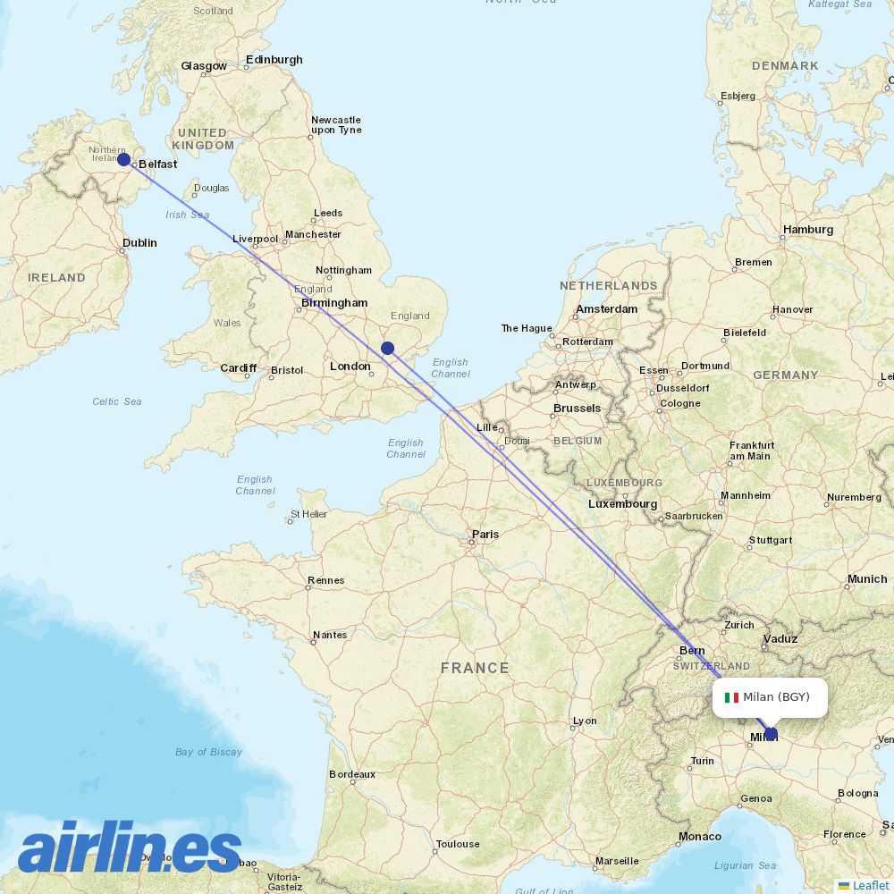 Ryanair UK from Orio al Serio International Airport destination map