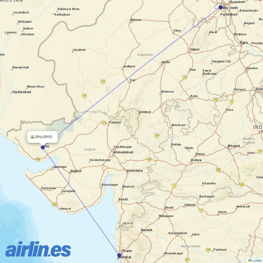 Air India from Bhuj destination map