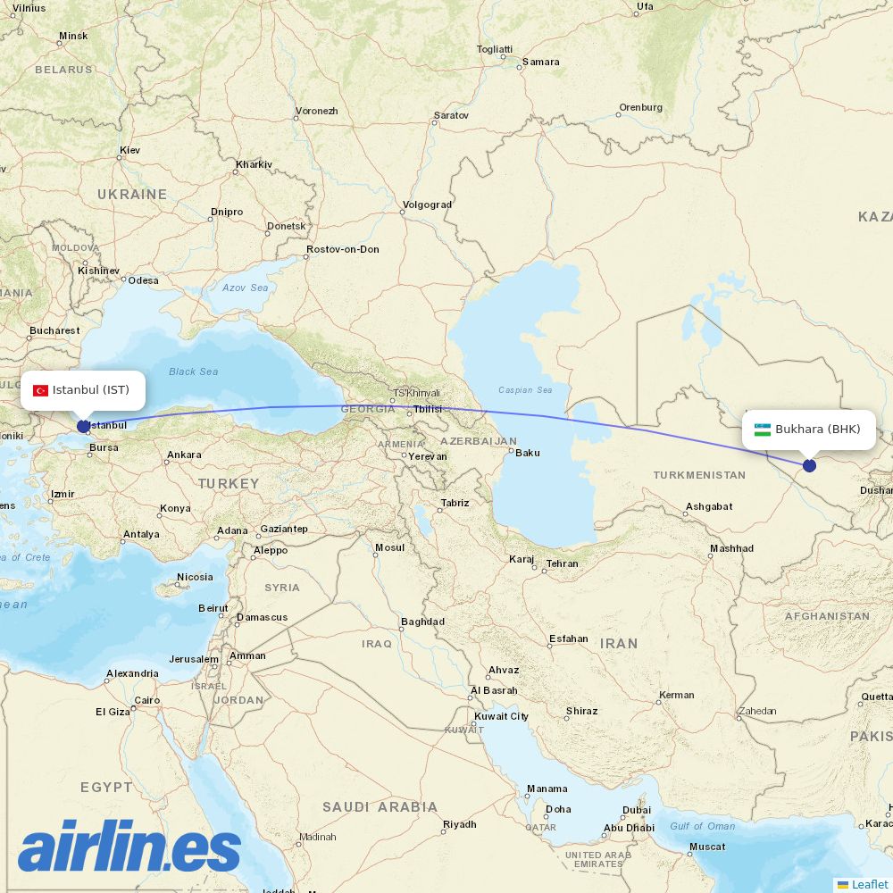 Turkish Airlines from Bukhara destination map