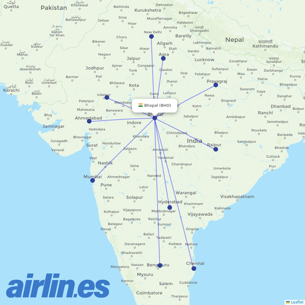 IndiGo from Bhopal destination map