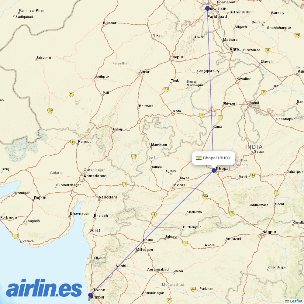Air India from Bhopal destination map