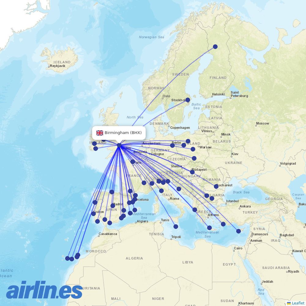 Ryanair from Birmingham Airport destination map