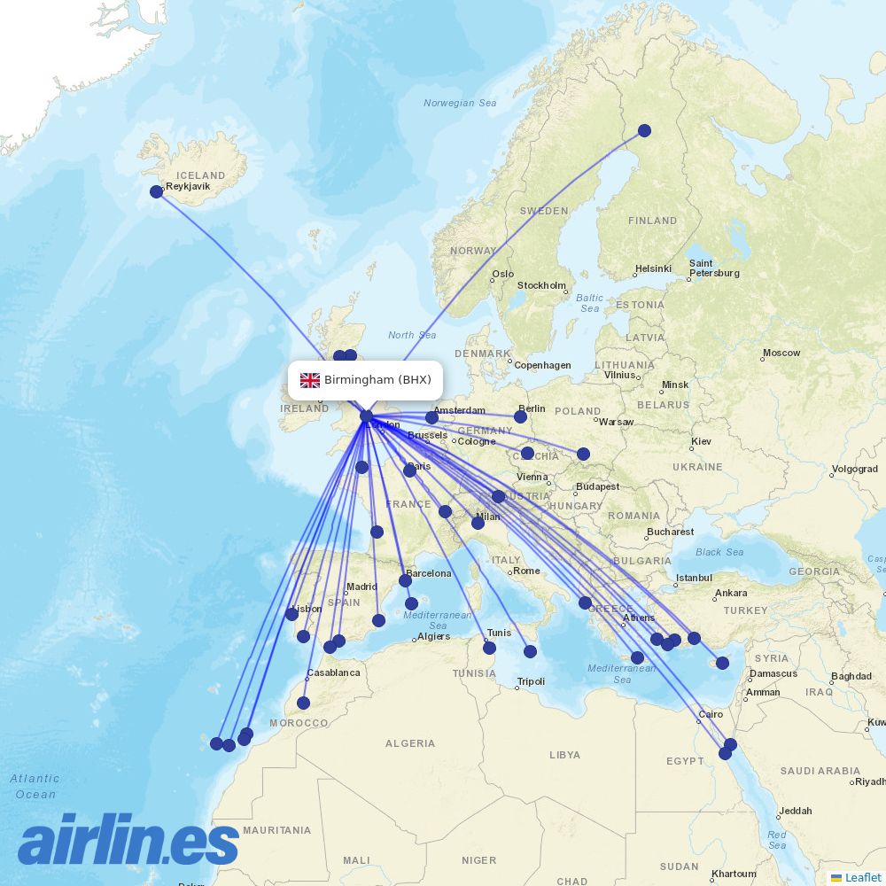 easyJet from Birmingham Airport destination map