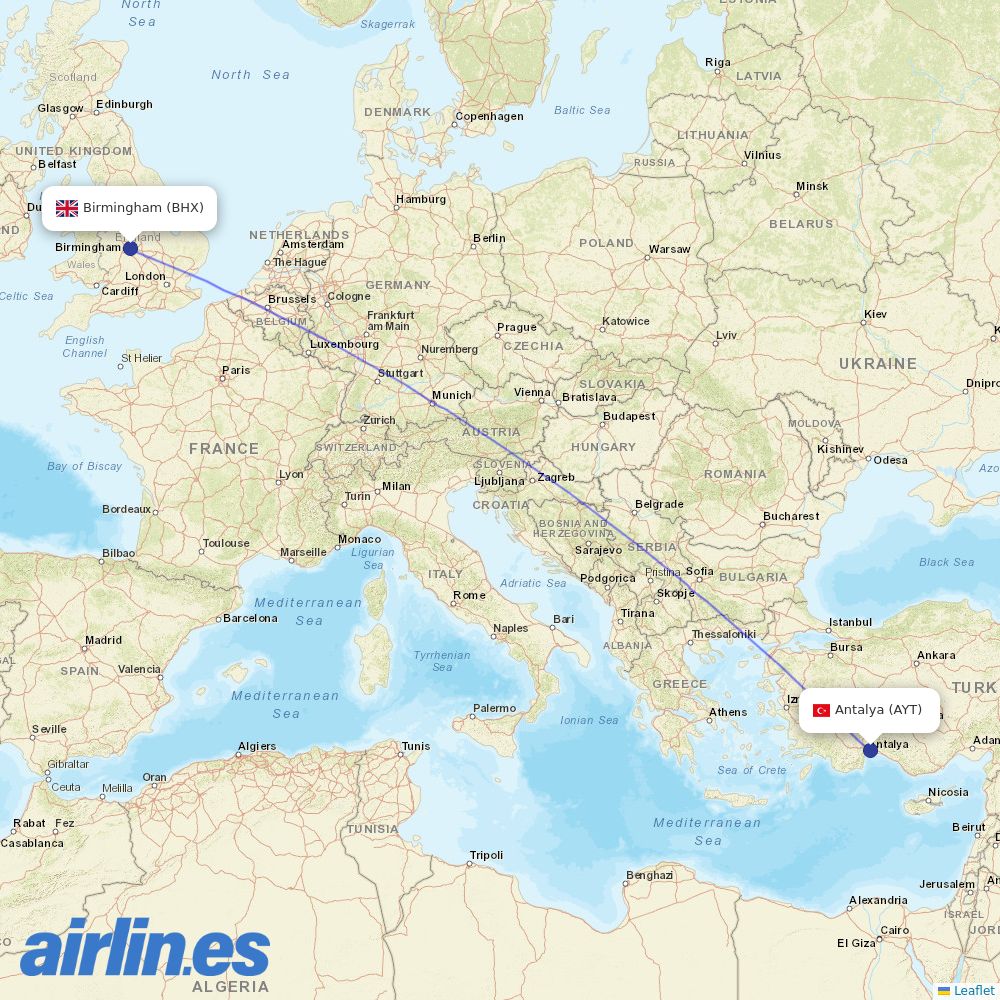Corendon Airlines from Birmingham Airport destination map