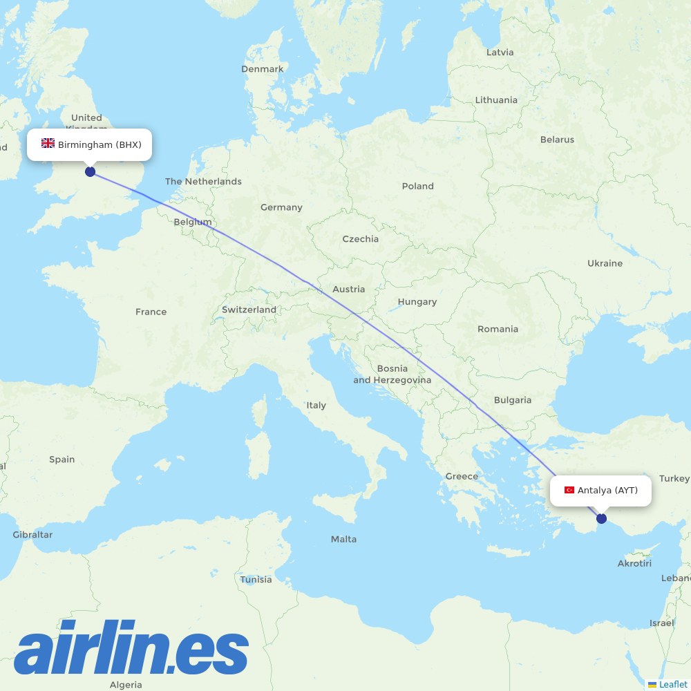 SunExpress from Birmingham Airport destination map