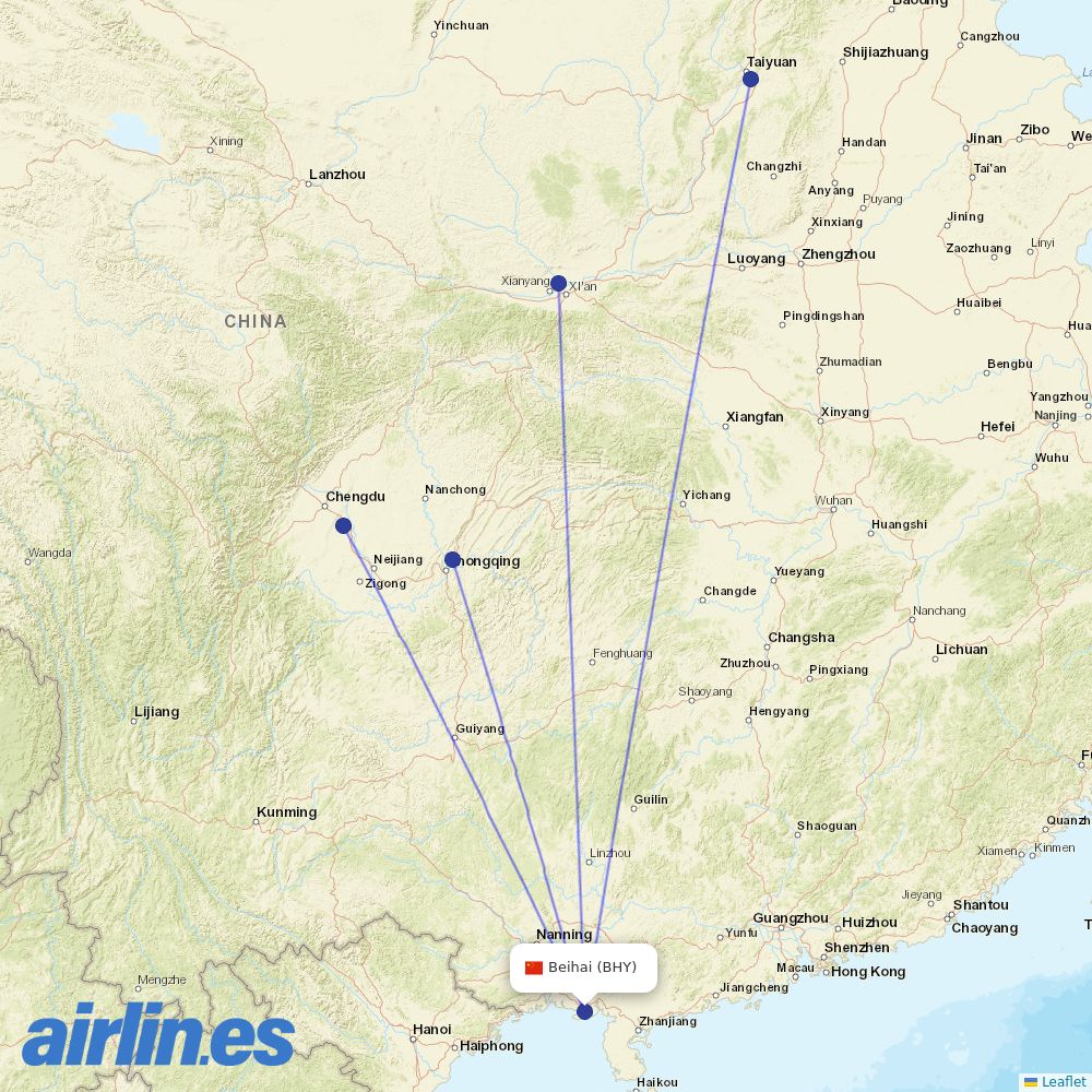 Sichuan Airlines from Beihai Airport destination map
