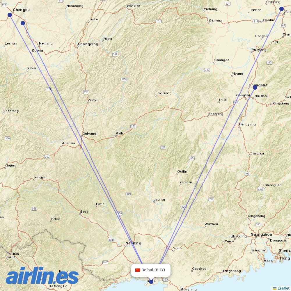Chengdu Airlines from Beihai Airport destination map