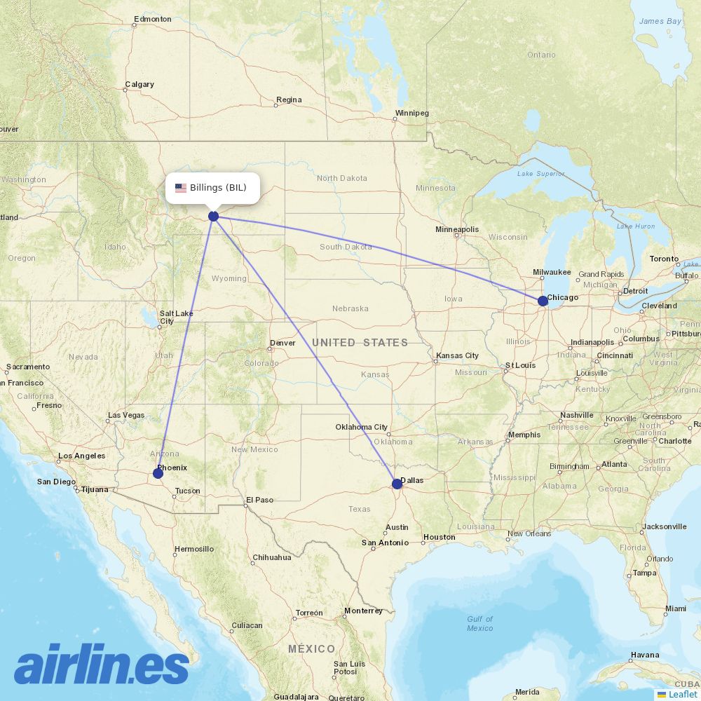 American Airlines from Billings Logan International Airport destination map