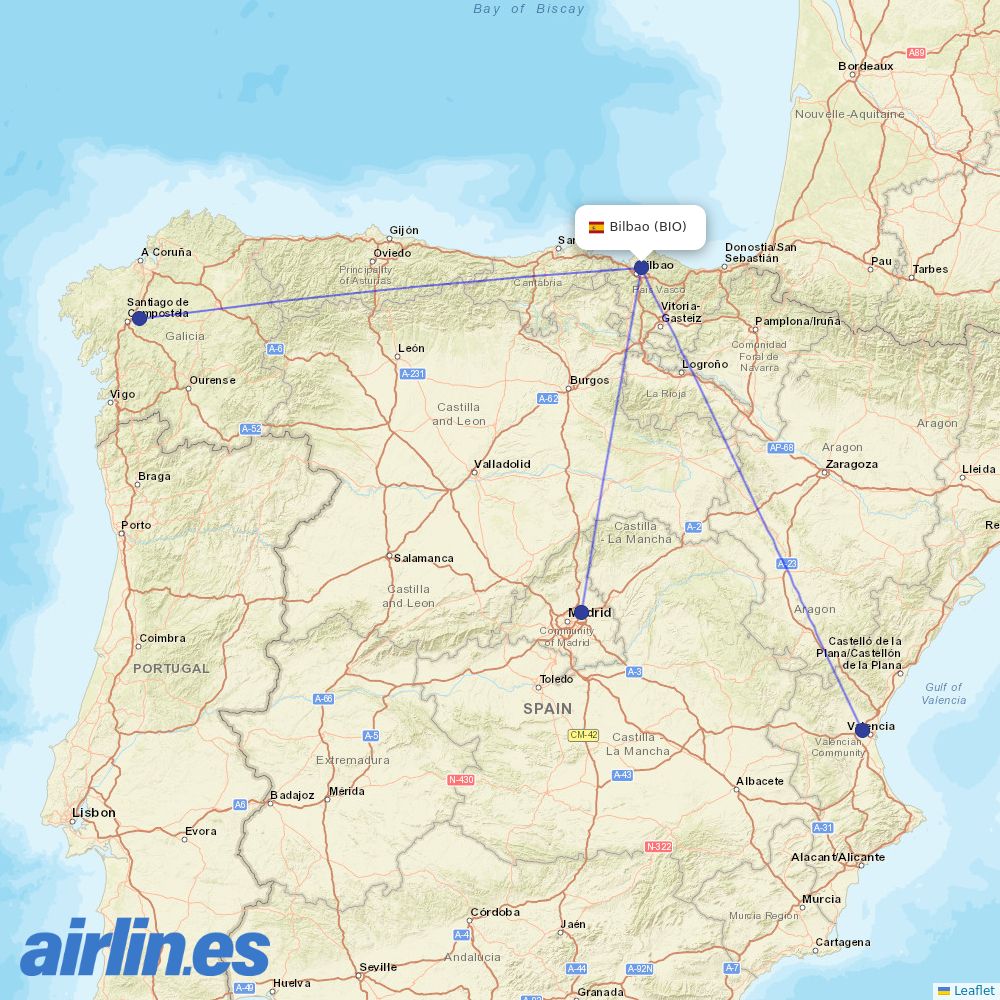 Iberia from Bilbao Airport destination map
