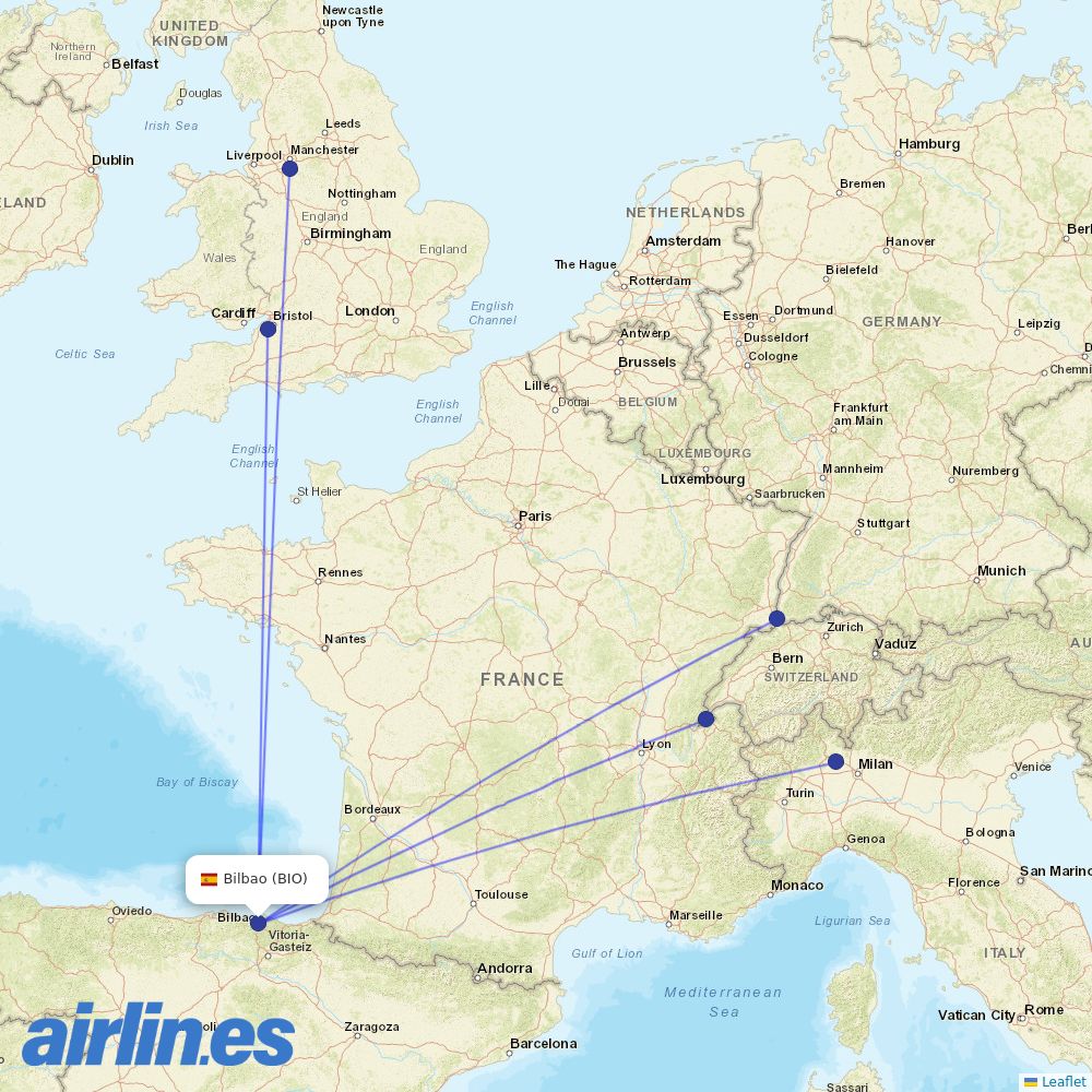 easyJet from Bilbao Airport destination map