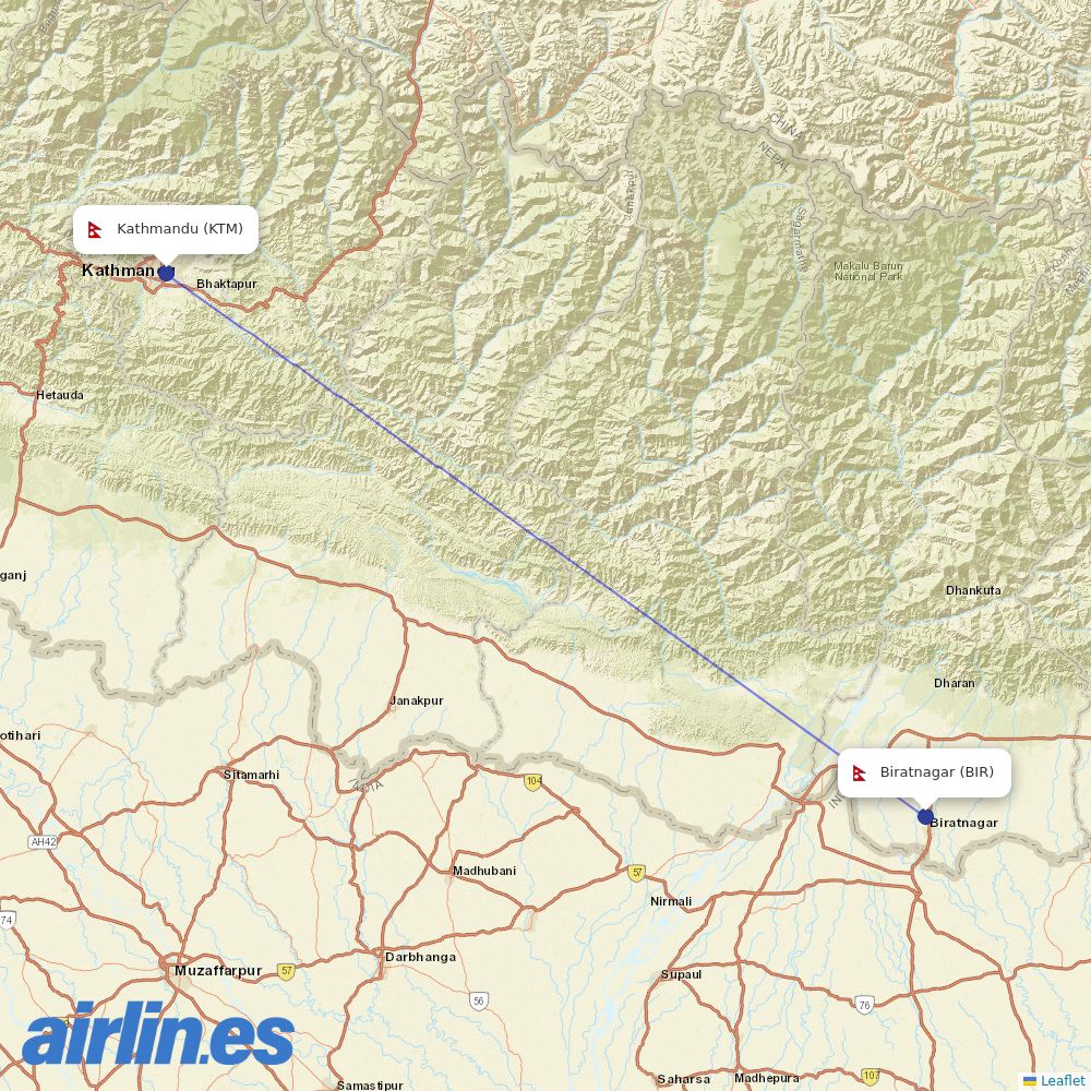Yeti Airlines from Biratnagar destination map