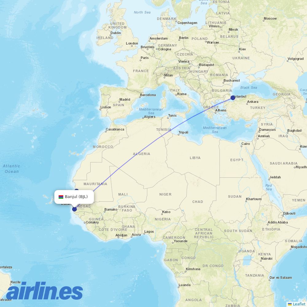 Turkish Airlines from Banjul International destination map