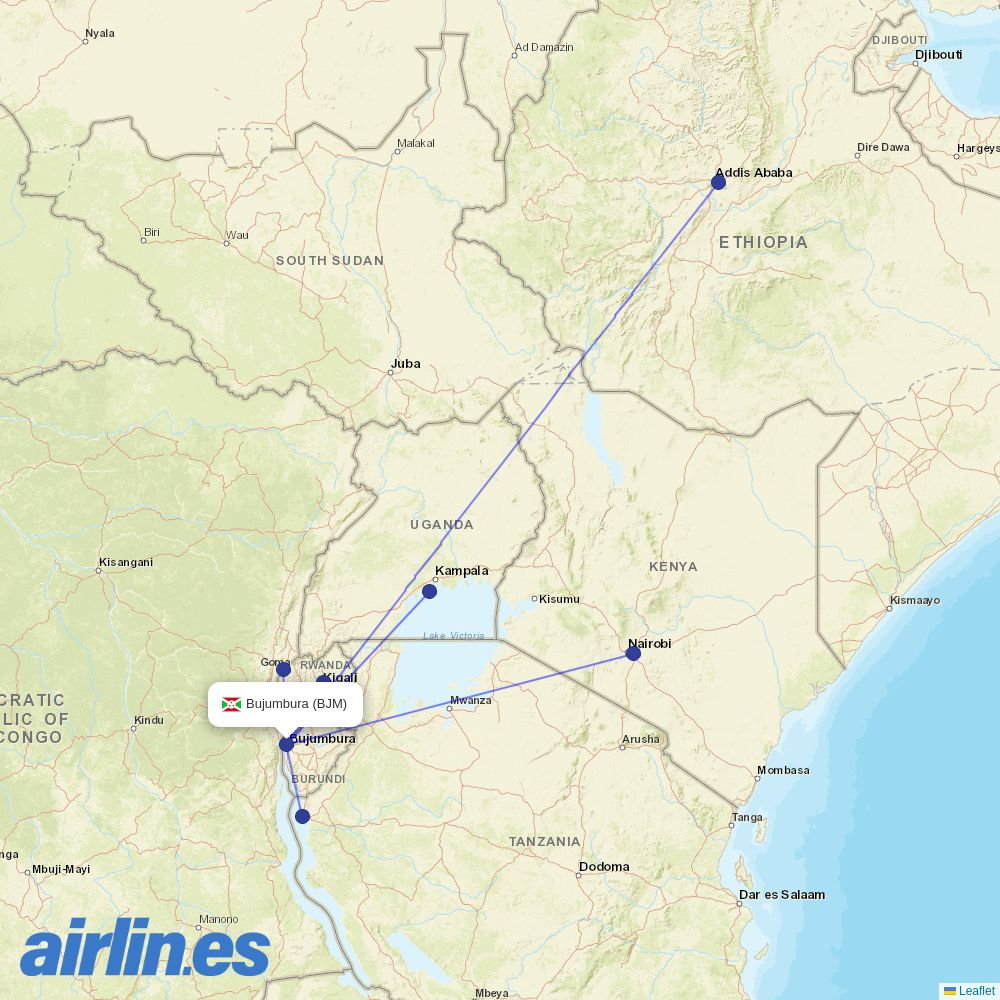 RwandAir from Bujumbura International destination map