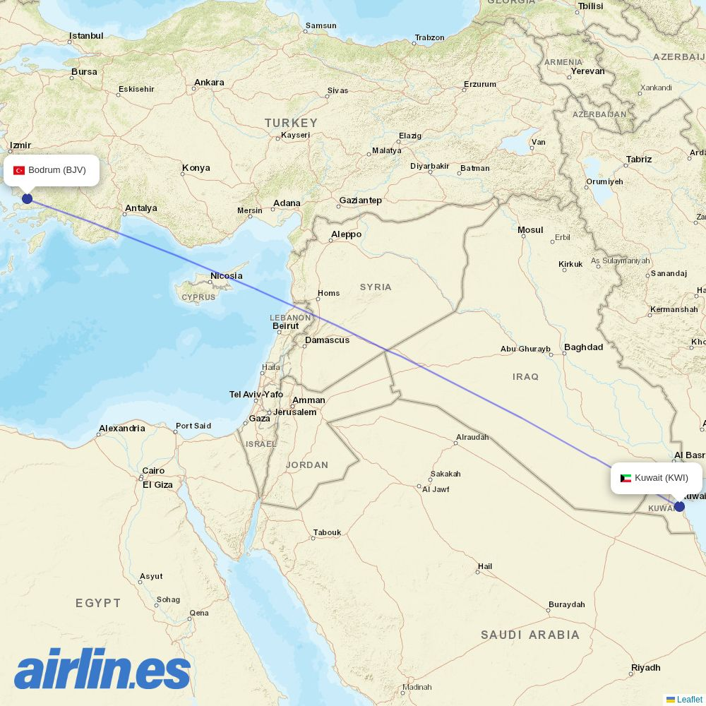 Kuwait Airways from Bodrum - Milas destination map