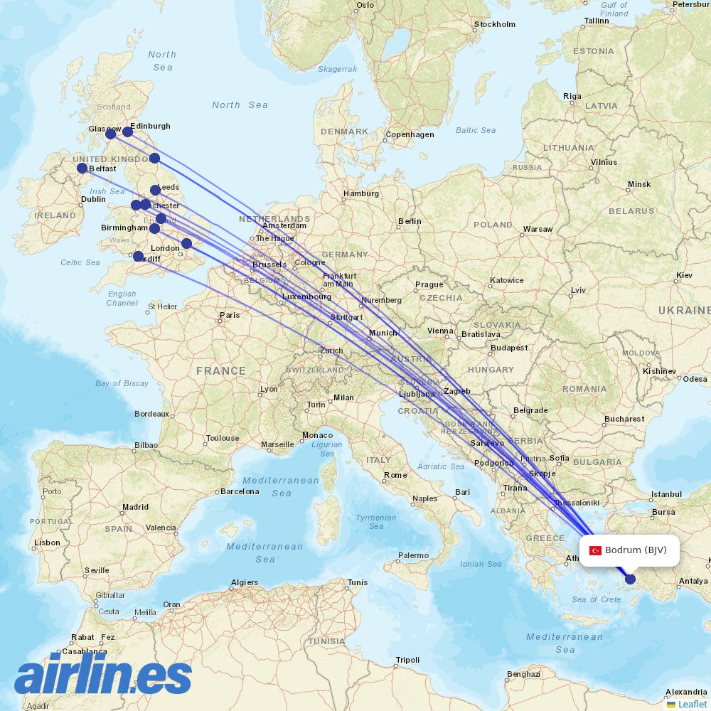 Jet2 from Bodrum - Milas destination map