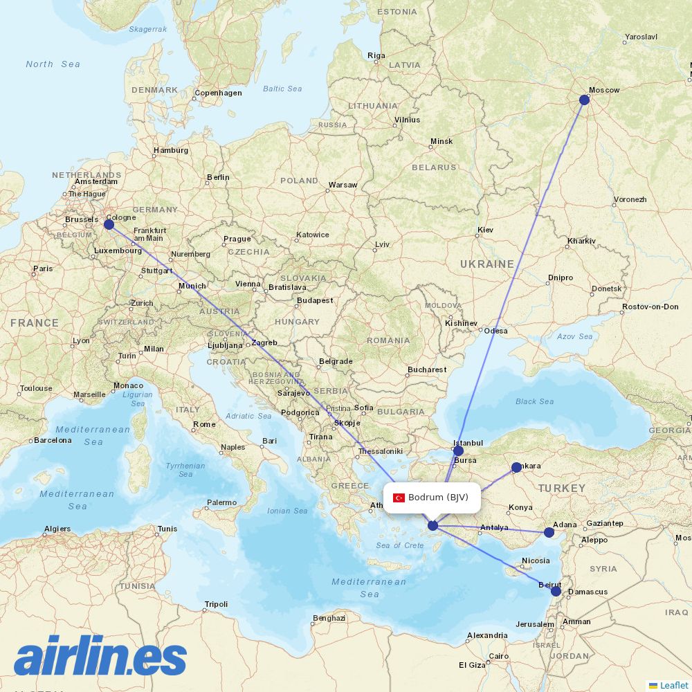 Pegasus from Bodrum - Milas destination map