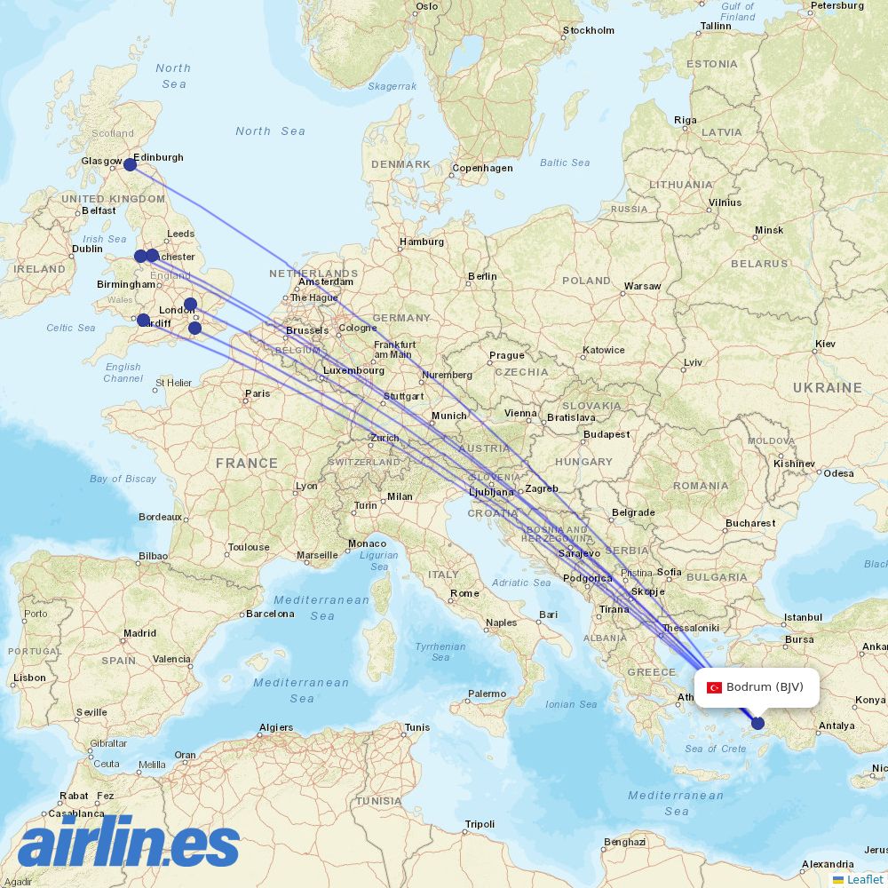 easyJet from Bodrum - Milas destination map