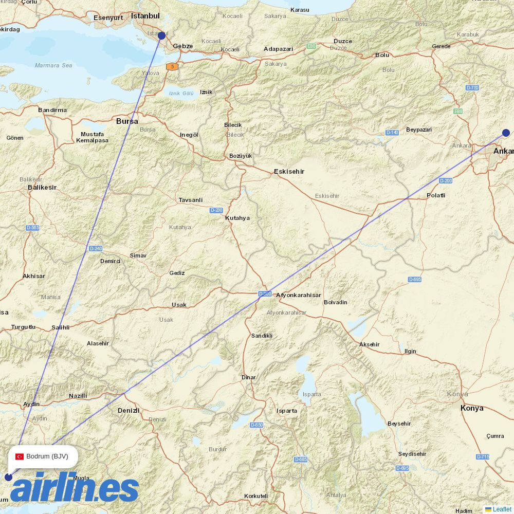 AJet from Bodrum - Milas destination map