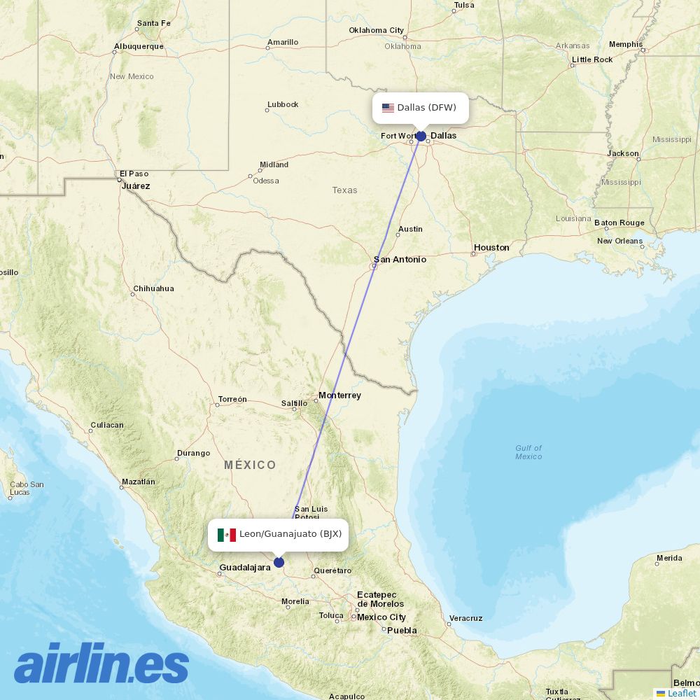 American Airlines from Guanajuato destination map
