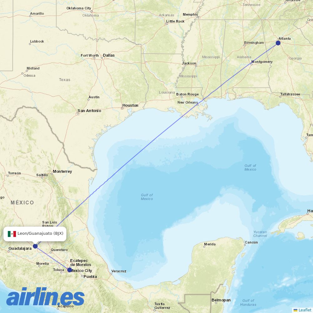 Aeromexico from Guanajuato destination map