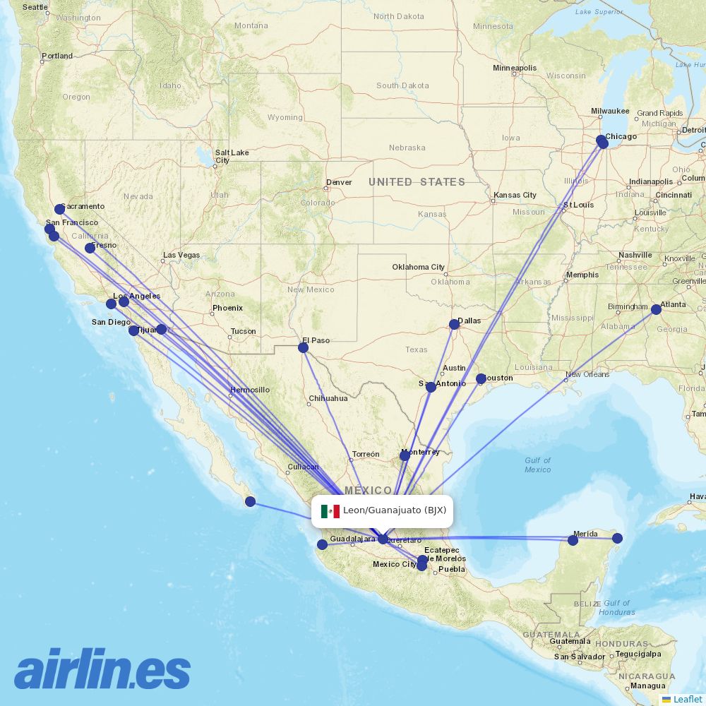 United Airlines from Guanajuato destination map