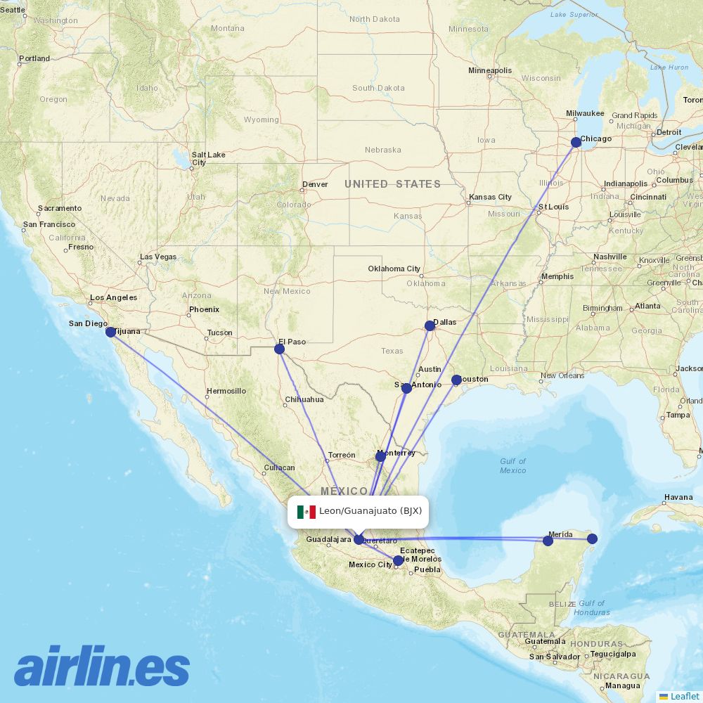 VivaAerobus from Guanajuato destination map