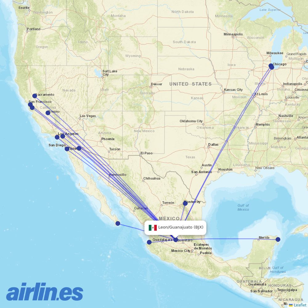 Volaris from Guanajuato destination map